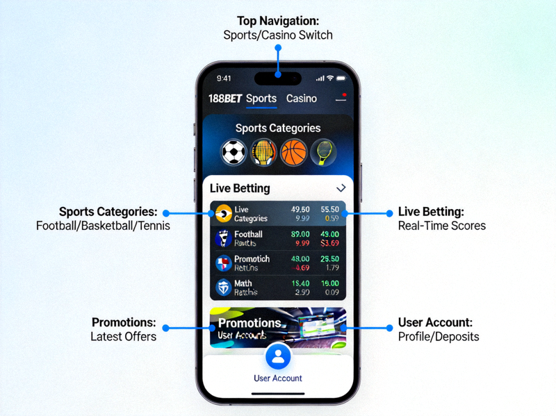188BET 모바일 앱의 주요 화면 레이아웃과 기능을 설명하는 annotated screenshot