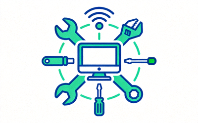접속 오류 해결을 상징하는 기술 지원 아이콘 이미지 - 컴퓨터와 도구 모음