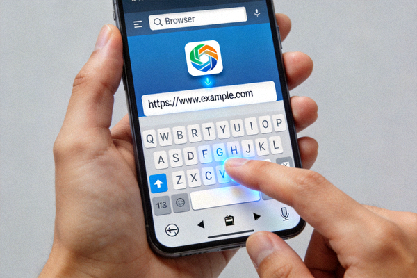스마트폰 브라우저 주소창에 URL을 입력하는 과정을 보여주는 이미지